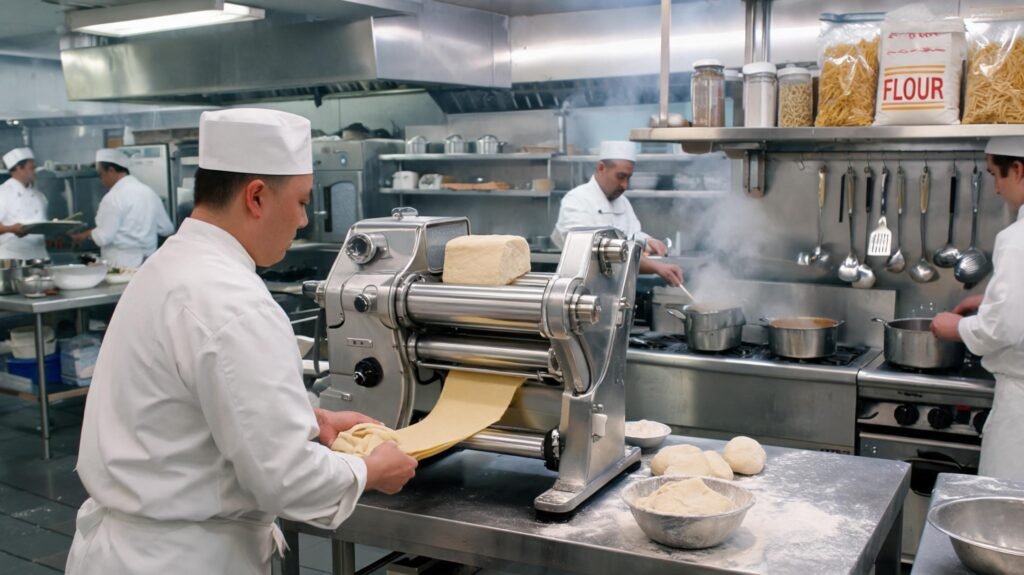 commercial pasta machine in a busy restaurant kitchen