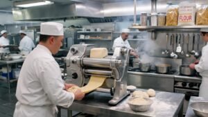 commercial pasta machine in a busy restaurant kitchen