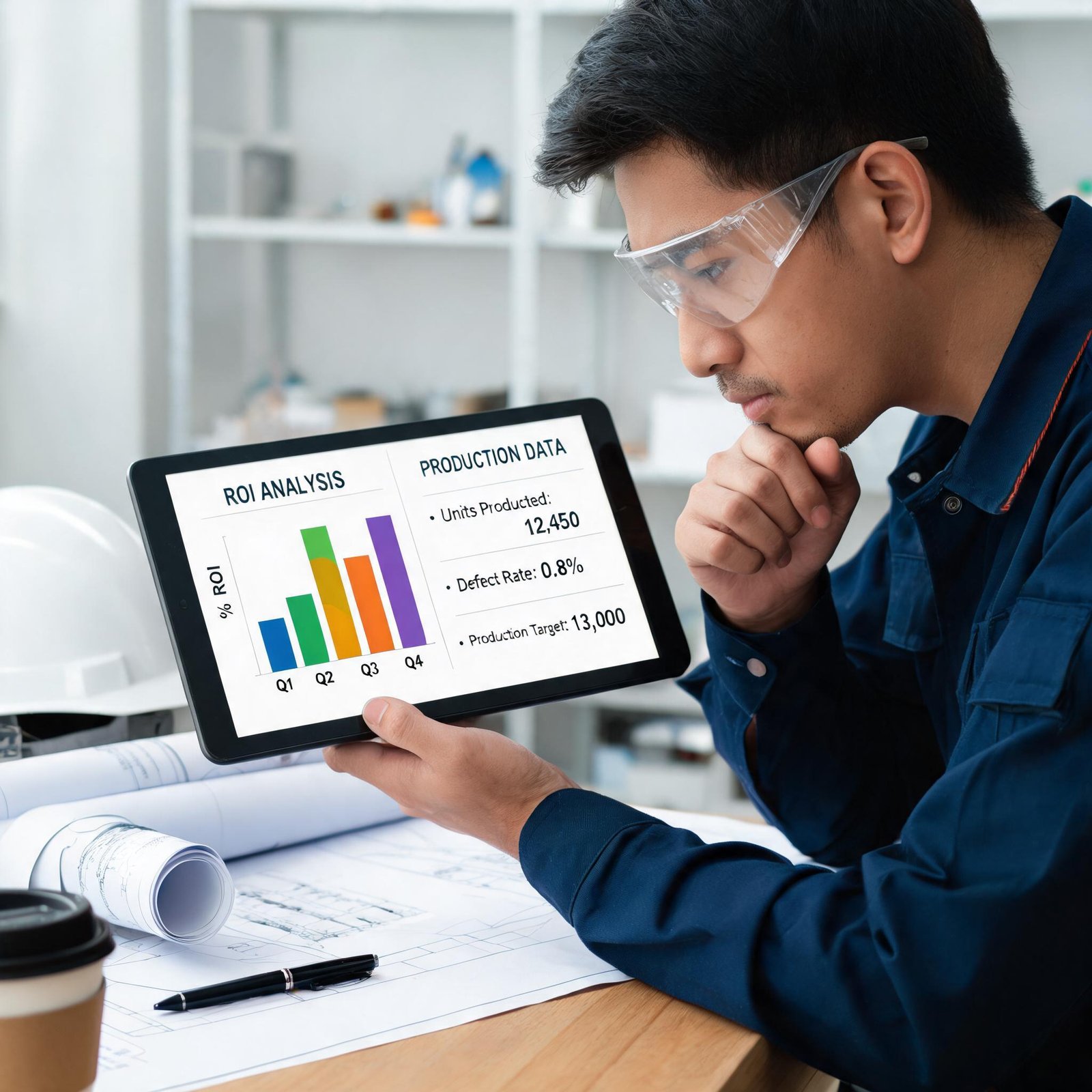 engineer-reviewing-roi-chart-and-production-data-on-tablet