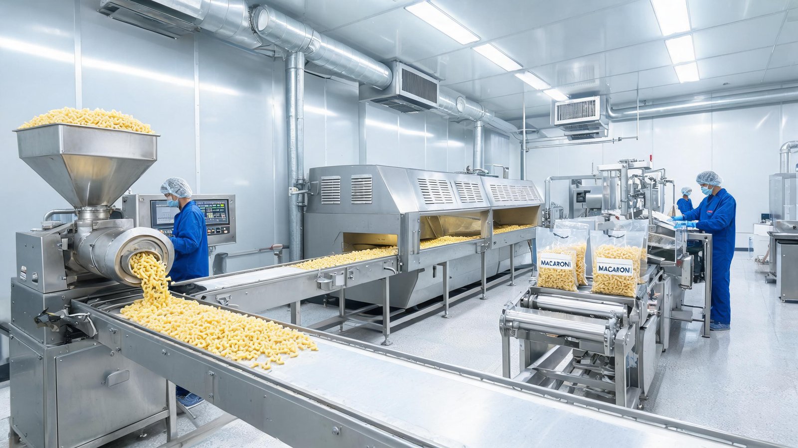 industrial macaroni production line in modern factory
