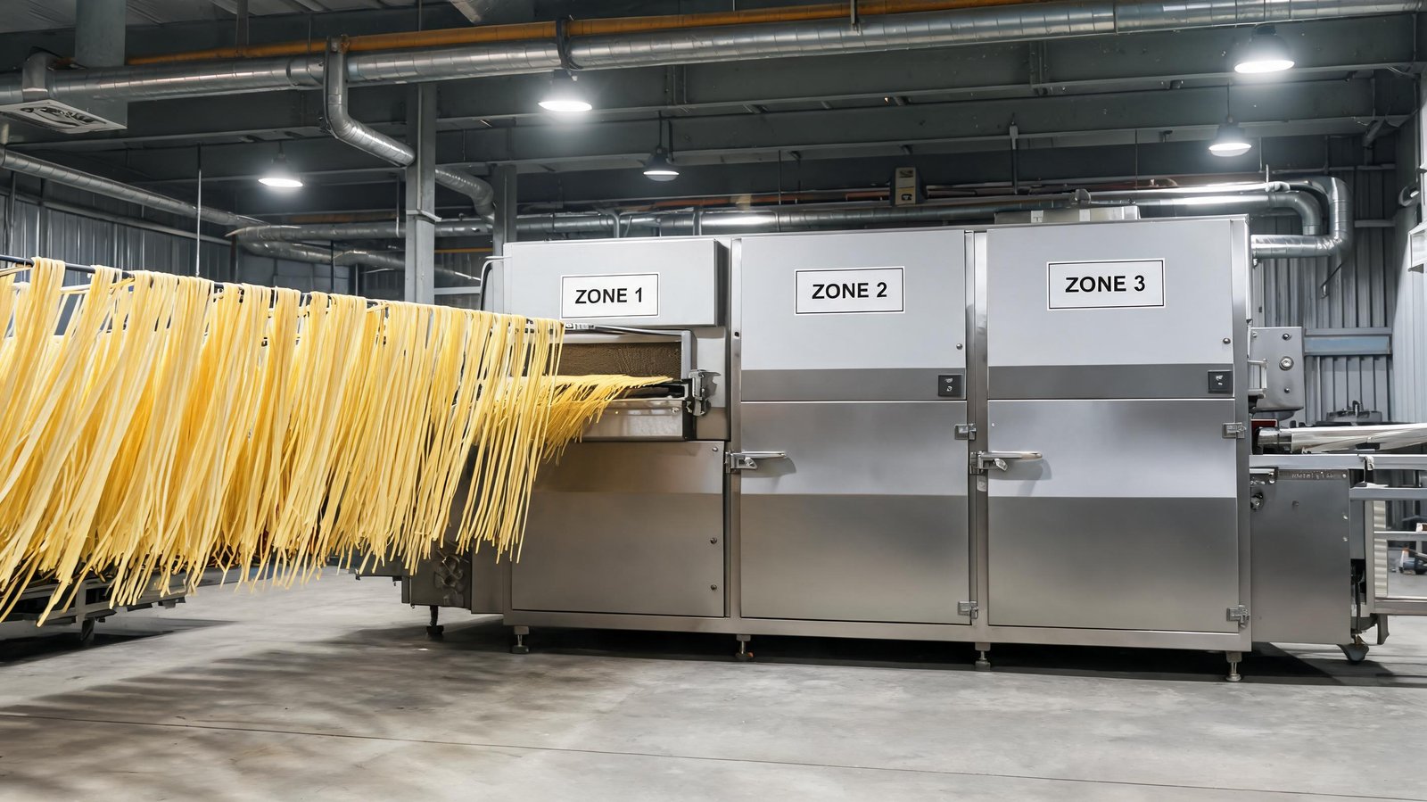 long lengths of spaghetti entering a multi-zone industrial dryer