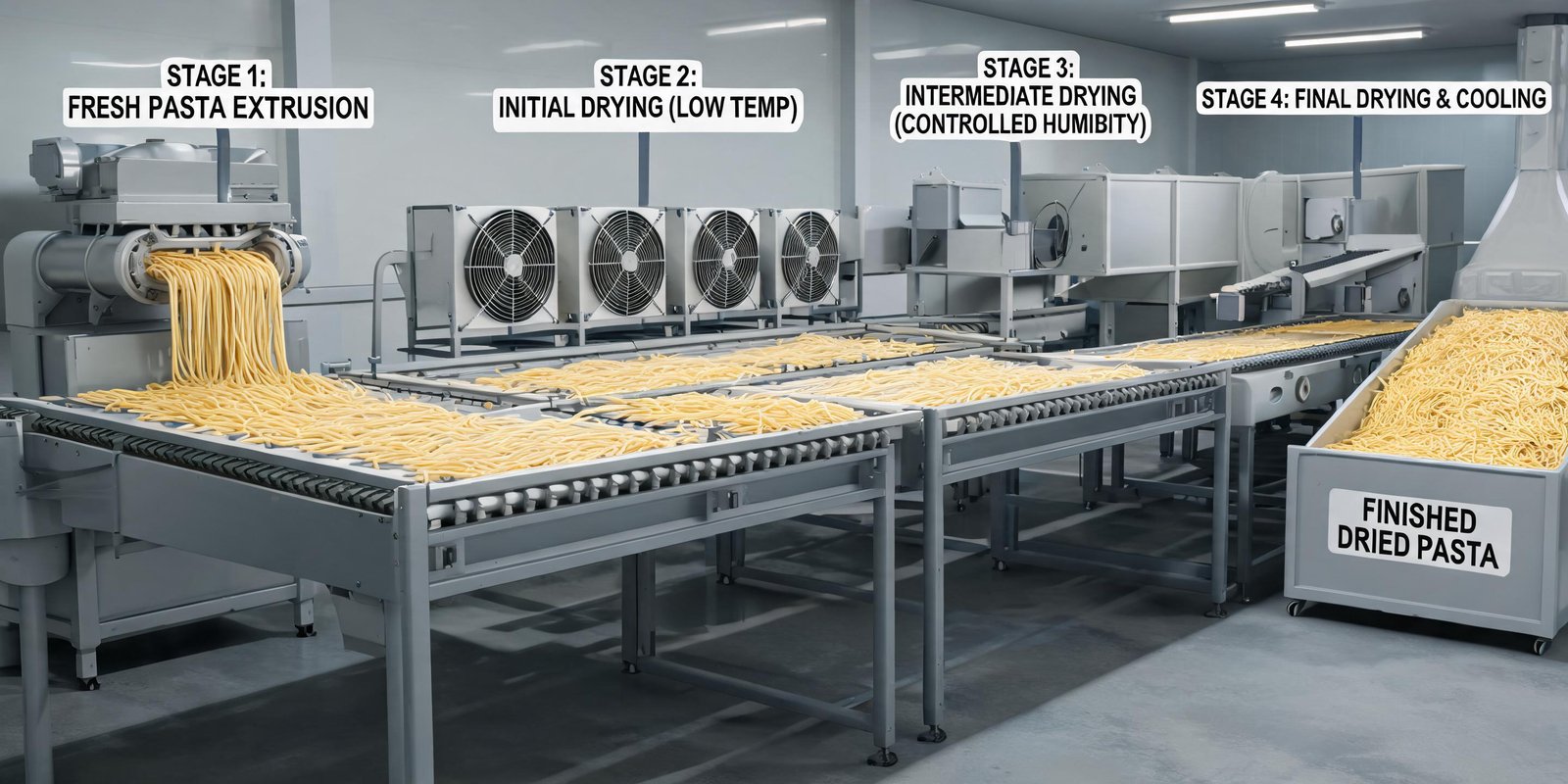 multi stage pasta drying system with conveyor belts