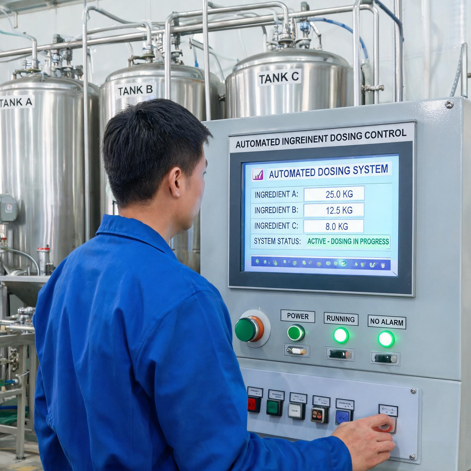 operator monitoring the automated ingredient dosing system on a control panel