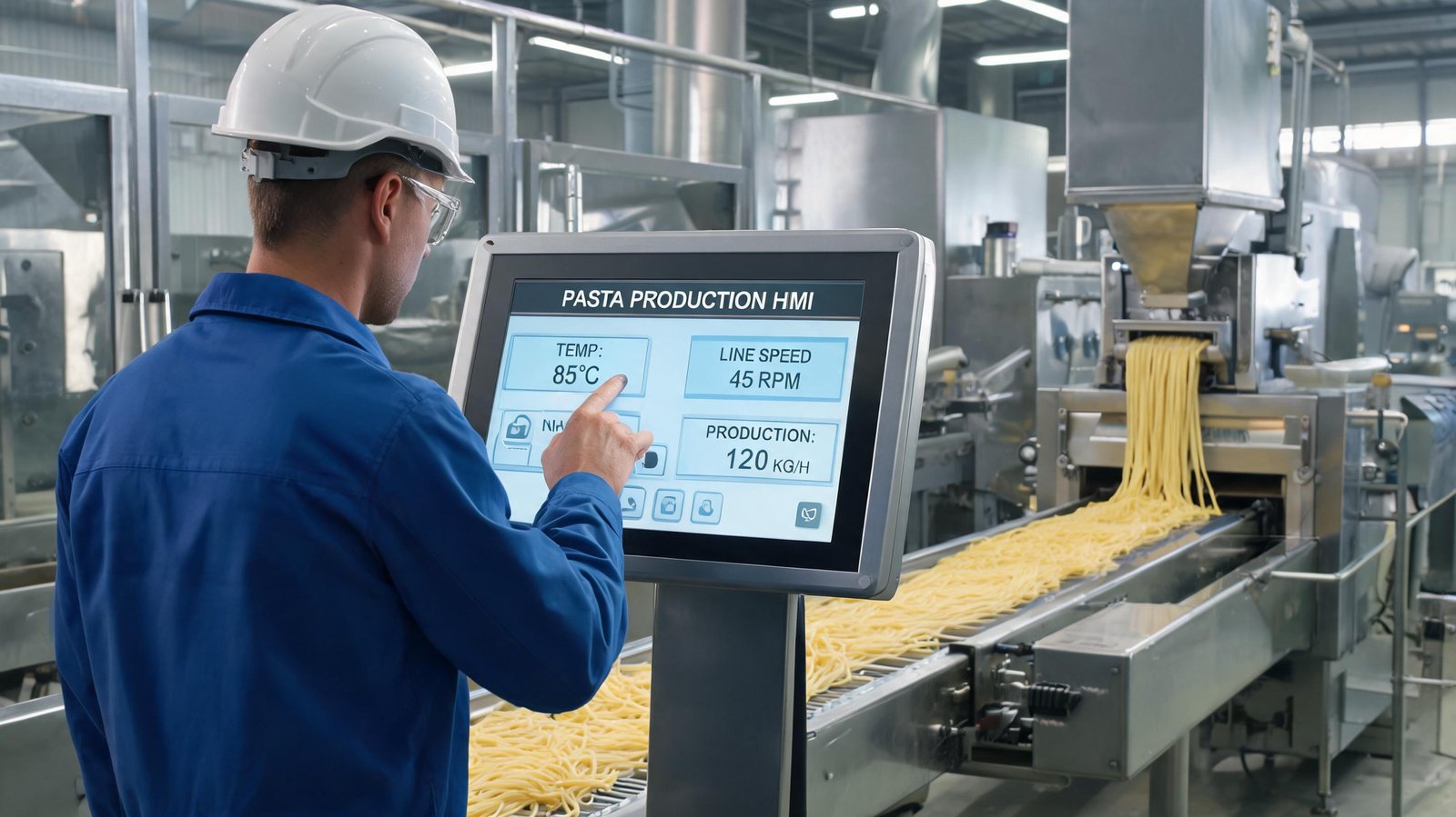 operator using touch screen hmi on pasta production line