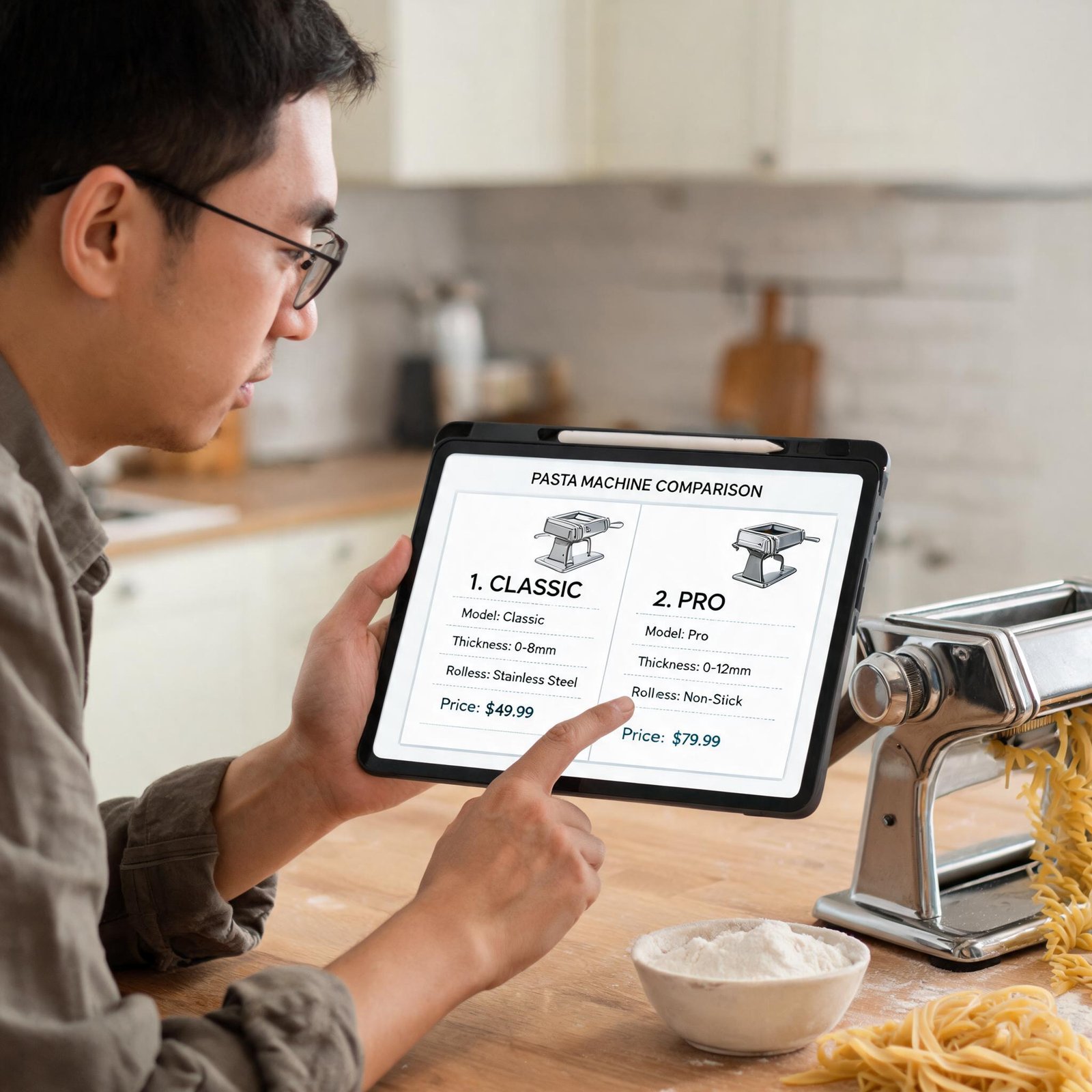 person-comparing-two-different-pasta-machine-specifications-on-a-tablet