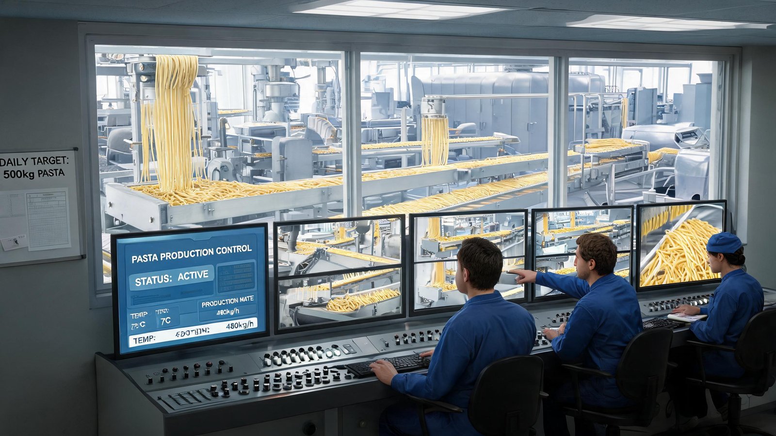 small team of operators monitoring an automatic pasta production line control room