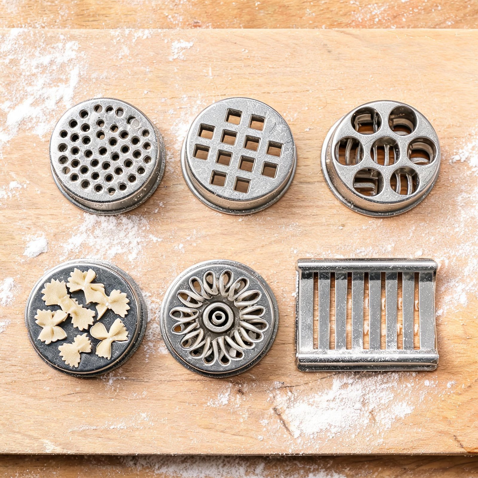 variety of pasta shape extrusion dies on a workbench